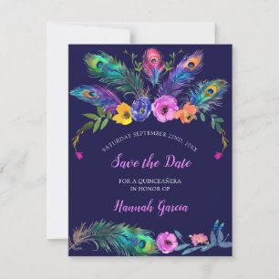 Save The Date Plume-Fleurs Peacock Quinceañera