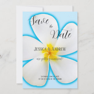 Save The Date Plumeria Blanc Tropical sur Bleu, Floral, Mariage