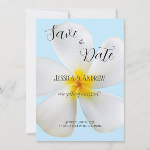 Save The Date Plumeria blanche sur Bleu, Tropical, Mariage flora