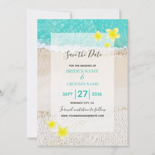Save The Date Plumeria jaune Frangipani Plage tropicale Mariage (Devant)