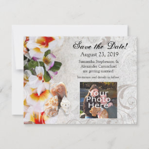 Save The Date Plumeria Orchidée Lei dans le Sable Photo Enregist