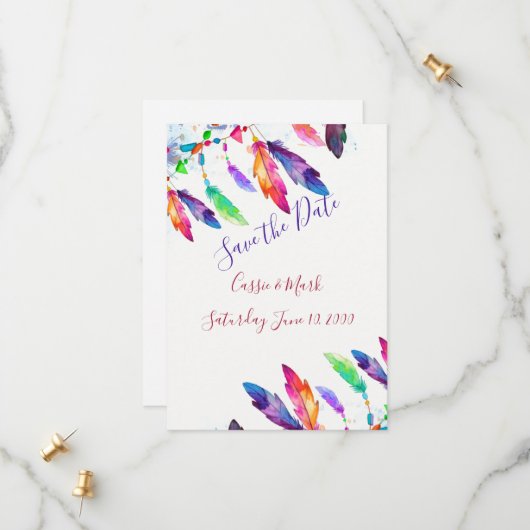 Save The Date Plumes Boho personnalisées (Devant/Arrière en situation)