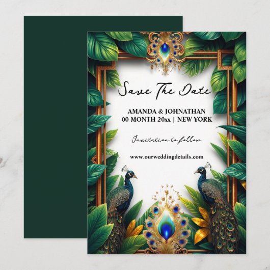 Save The Date Plumes de luxe d'oiseaux de paon tropicaux (Devant / Derrière)