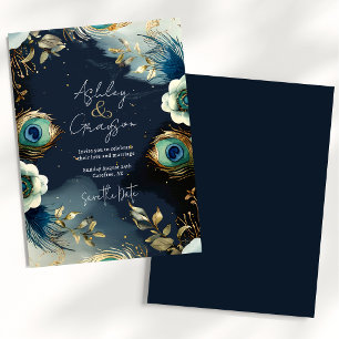 Save The Date Plumes de paon célestes Élégant Mariage