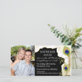 Save The Date Plumes de paon moderne Faux Ribbon Damask Swirl (Debout devant)