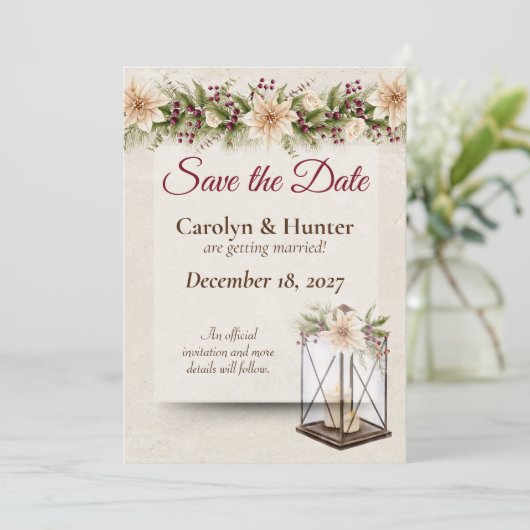 Save The Date Poinsettia & Berries Mariage élégant (Debout devant)