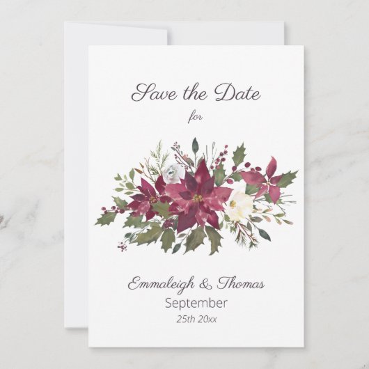 Save The Date Poinsettia Florals Enregistrer la date | Rouge à c (Devant)