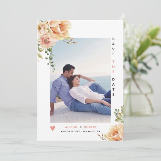 Save The Date Pointer corail aquarelle fleurs photo (Debout devant)