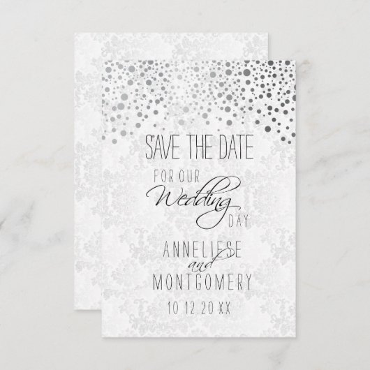 Save The Date Points Confetti Argent Élégants | Texture blanche (Devant / Derrière)