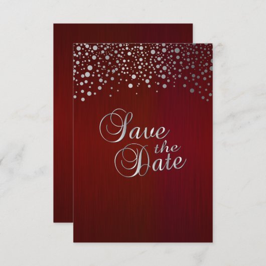 Save The Date Points Confetti en rouge foncé et en argent - Enre (Devant / Derrière)