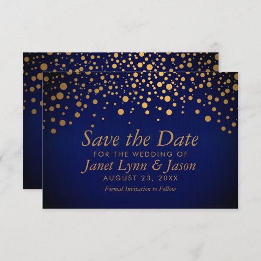 Save The Date Points Confetti Or | bleu foncé (Devant / Derrière)