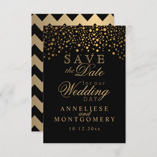 Save The Date Points Confetti Or Élégants | Noir (Devant / Derrière)
