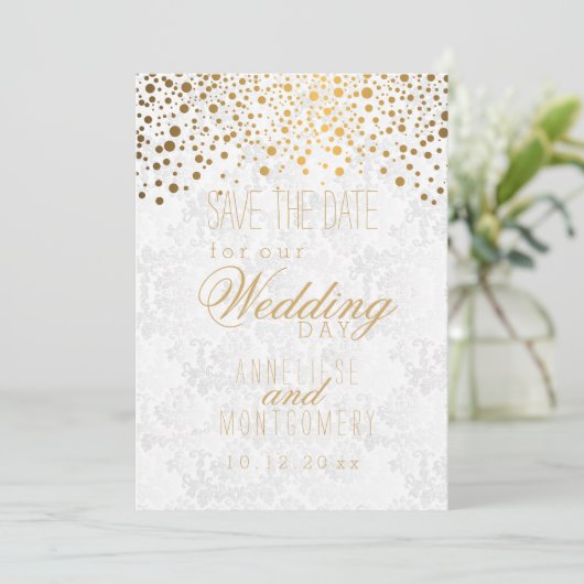 Save The Date Points Confetti Or Élégants | Texture blanche (Debout devant)