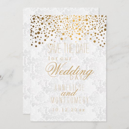 Save The Date Points Confetti Or Élégants | Texture blanche (Devant / Derrière)