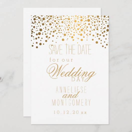 Save The Date Points Confetti Or Stylish sur Blanc (Devant / Derrière)