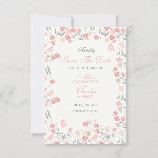 Save The Date Pois sucré Floral rose et crème (Devant)