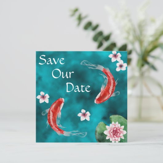Save The Date Poisson Koi Japonais, Fleurs De Cerisiers Mariage (Debout devant)