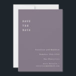 Save The Date Police de machine à écrire vintage Minimaliste Vio<br><div class="desc">Partagez la date de votre mariage avec un charme vintage en utilisant cette carte de Save the Date minimaliste. Conçue avec un fond violet doux et muet et un texte monospacé de style machine à écrire, cette carte est parfaite pour les couples qui apprécient les détails subtils et la simplicité...</div>