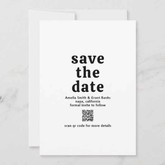 Save The Date Police rétro noir et blanc QR Code moderne Mariage (Devant)