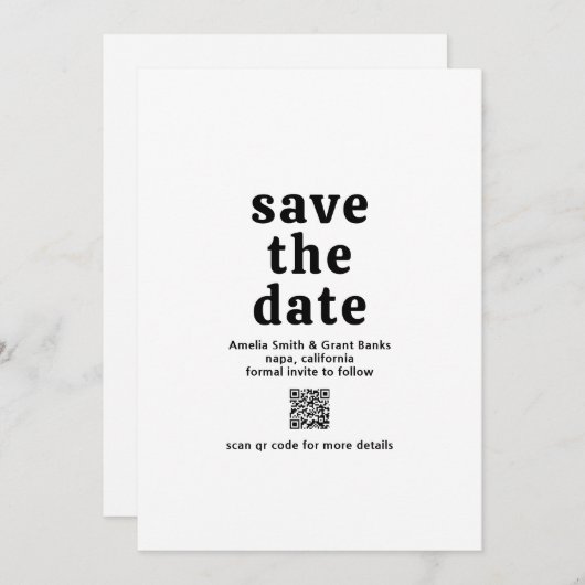 Save The Date Police rétro noir et blanc QR Code moderne Mariage (Devant / Derrière)