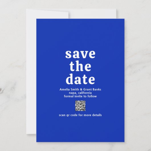 Save The Date Police Rétro Royal Blue QR Code Moderne Mariage (Devant)