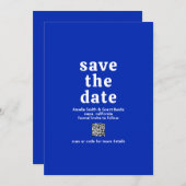 Save The Date Police Rétro Royal Blue QR Code Moderne Mariage (Devant / Derrière)
