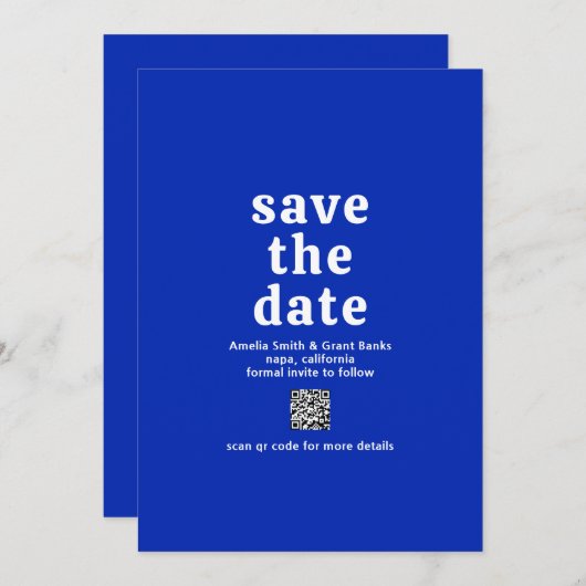 Save The Date Police Rétro Royal Blue QR Code Moderne Mariage (Devant / Derrière)