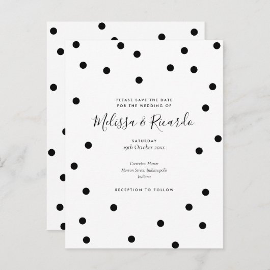 Save the Date Polka Dots Elegant Zwart-wit Aankondigingskaart (Voorkant / Achterkant)
