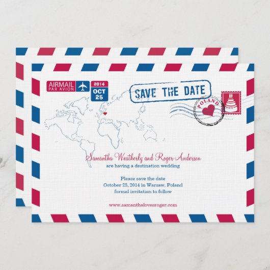 Save The Date Pologne Air Mail Mariage Enregistrer La Date (Devant / Derrière)