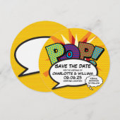 Save The Date POP Sauvegarder la date amusante rétro bande dessi (Devant / Derrière)