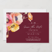 Save The Date Poppies d'aquarelle de Bourgogne moderne Mariage f (Devant)