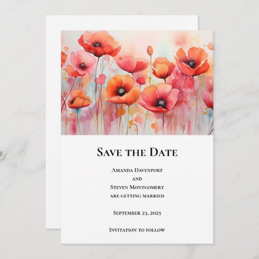 Save The Date Poppies rouges dans un Mariage d'aquarelle de cham (Devant / Derrière)