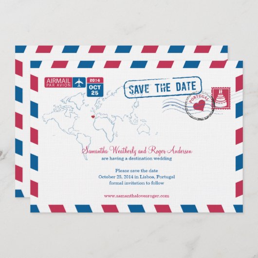 Save The Date Portugal Air Mail Mariage Enregistrer La Date (Devant / Derrière)