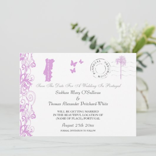 Save The Date Portugal Enregistrer La Date En Plum Et Blanc (Debout devant)
