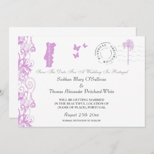 Save The Date Portugal Sauvegarder La Date En Pourpre Et Blanc (Devant / Derrière)