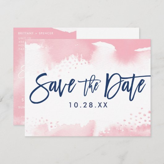 SAVE THE DATE POSTCARD moderne marine rose aquarel (Devant / Derrière)