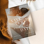 Save The Date Poster photo Couple personnalisé Mariage romantiqu<br><div class="desc">Surprenez vos proches avec cette carte design,  romantique,  style poster de film "Save the Date",  avec votre photo et détails personnalisés. Customisez-le facilement en utilisant les options "personnaliser" et "modifier à l'aide de l'outil de conception".</div>