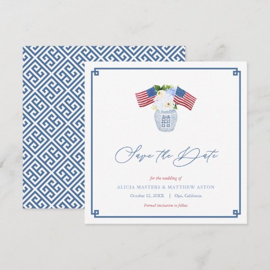 Save The Date Pot à gingembre de mariage drapeau américain bleu (Devant / Derrière)