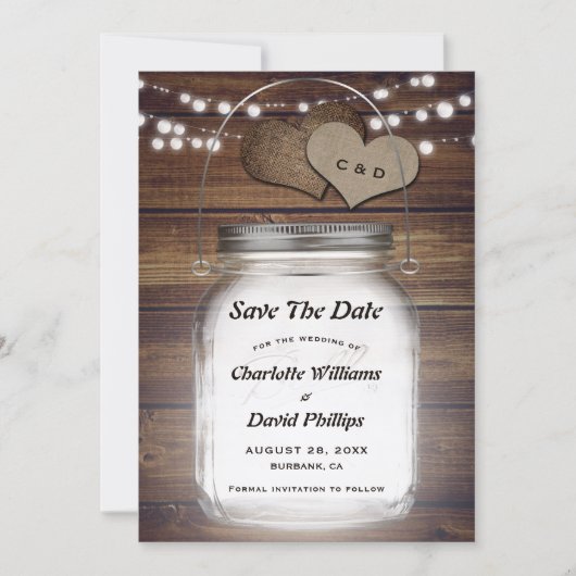 Save The Date Pot de Mason Rustique Campagne Bois Toile de Jute (Devant)