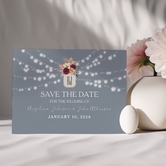 Save The Date Pot en verre rustique bleu poussiéreux pour annonc