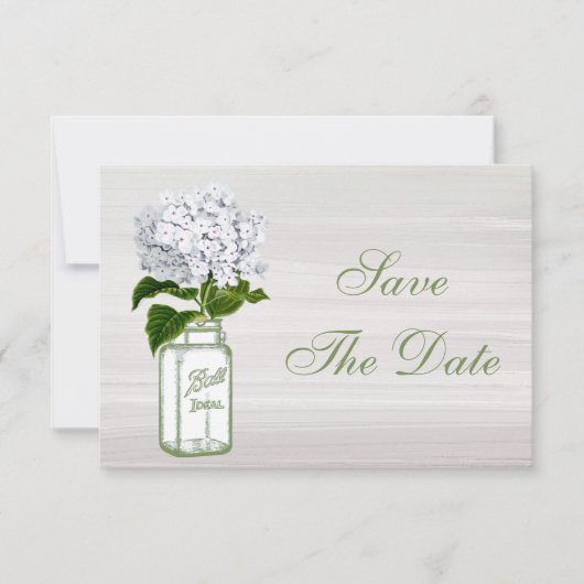 Save The Date Pot Mason & Hydrangea Blanche Annonce de Mariage " (Devant)