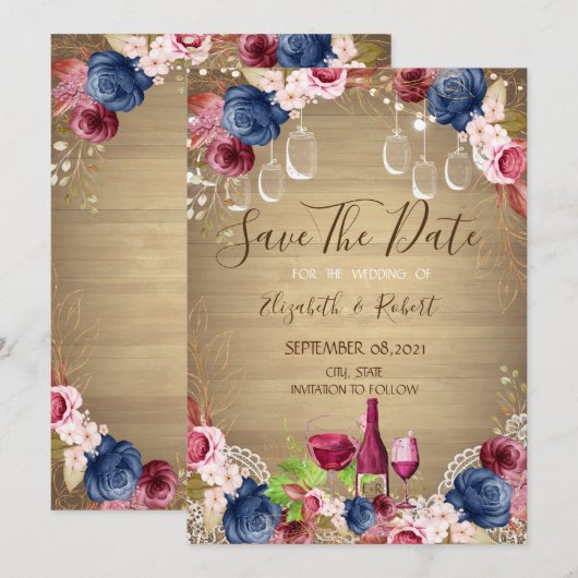 Save The Date Pot Mason Rustique, Dégustation de Vin Floral (Devant / Derrière)