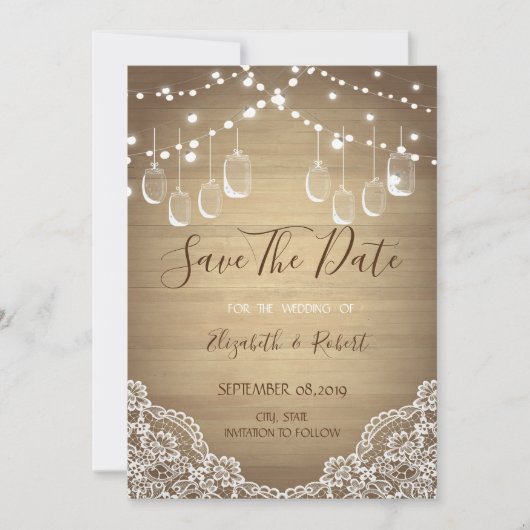 Save The Date Pot Mason Rustique,Guirlandes de Lumieres, Dentell (Devant)