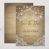 Save The Date Pot Mason Rustique,Guirlandes de Lumieres, Dentell (Devant / Derrière)