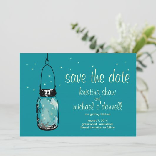 Save The Date Pot Mason Rustique & Lucioles Enregistrer la Date (Debout devant)