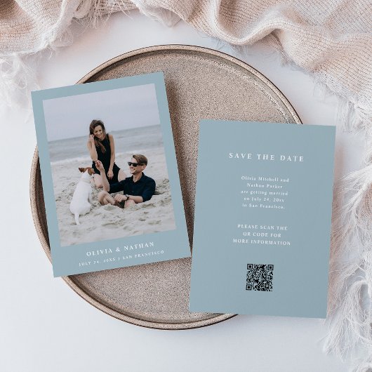 Save The Date Poudre Bleu Élégant Texte et Photo Mariage QR Code