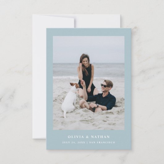 Save The Date Poudre Bleu Élégant Texte et Photo Mariage QR Code (Devant)