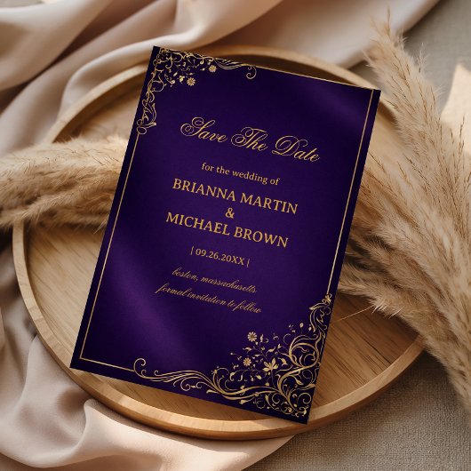 Save The Date Pourpre Royale Floral Doré