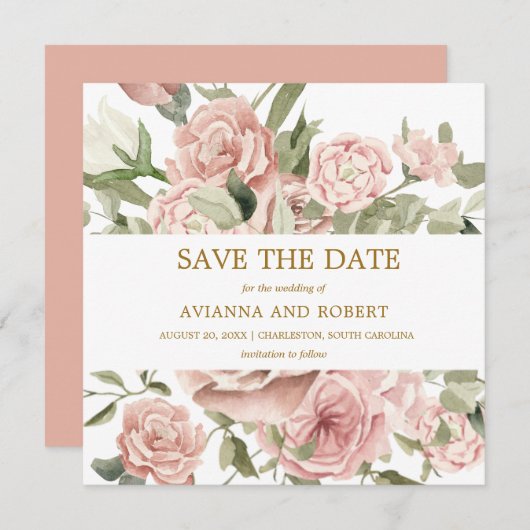 Save The Date Poussière Rose Flore Vert (Devant / Derrière)