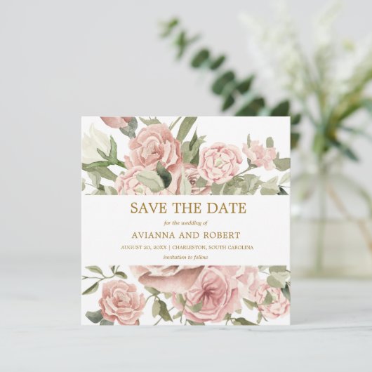 Save The Date Poussière Rose Flore Vert (Debout devant)